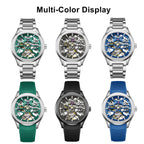 MEGIR 9204-5 skeleton automatic watch shown in six colour options with steel and silicone straps