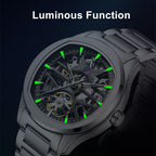 MEGIR 9204-5 skeleton automatic watch showing luminous hands and hour markers glowing in the dark