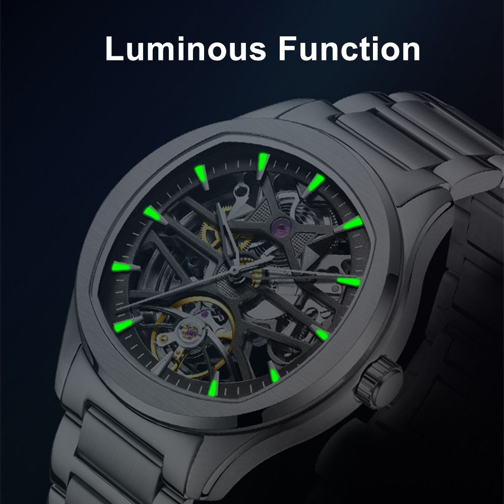 MEGIR 9204-5 skeleton automatic watch showing luminous hands and hour markers glowing in the dark