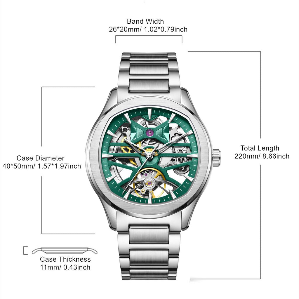 MEGIR 9204-5 skeleton automatic watch size chart with case and band measurements, green dial