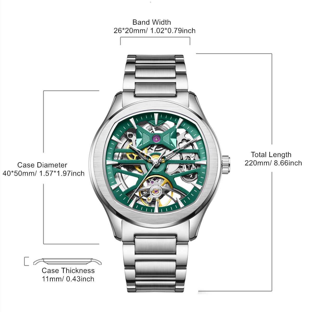MEGIR 9204-5 skeleton automatic watch size chart with case and band measurements, green dial