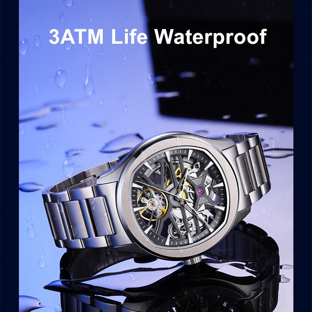 MEGIR 9204-5 skeleton automatic watch on a wet surface, 3ATM life-waterproof feature graphic