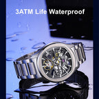 MEGIR 9204-5 skeleton automatic watch on a wet surface, 3ATM life-waterproof feature graphic