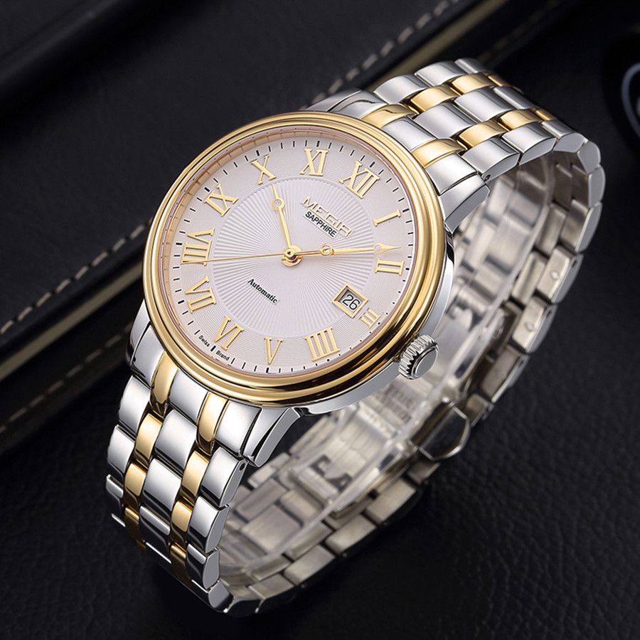 MEGIR 96001 automatic watch, white dial with gold Roman numerals, angled on black leather surface