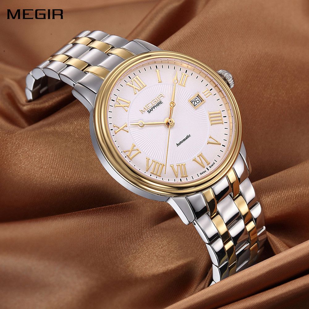 MEGIR 96001 automatic watch, white dial and gold Roman numerals, angled on brown satin, two-tone bracelet