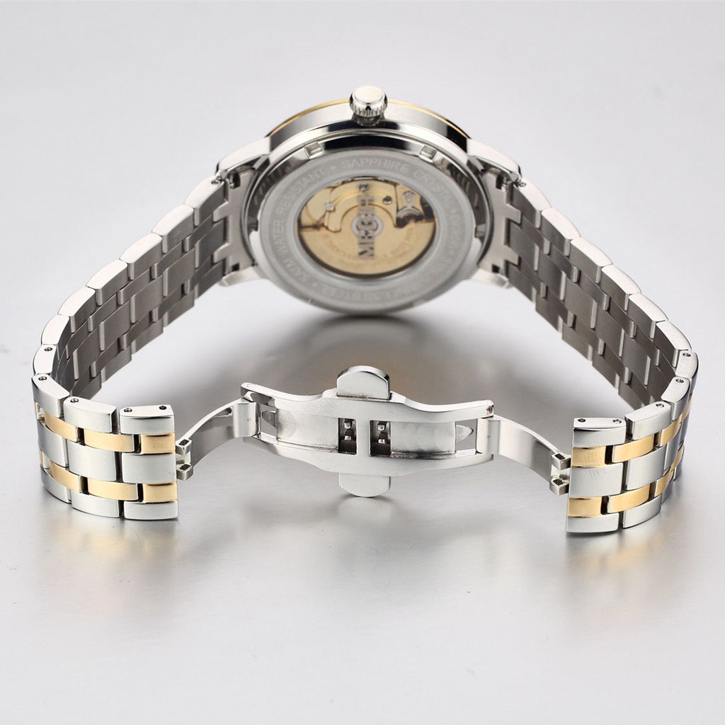 MEGIR 96001 automatic watch caseback with exhibition window showing the self-winding movement