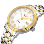 MEGIR 96001 automatic watch, close-up of white Roman-numeral dial and gold bezel, two-tone bracelet