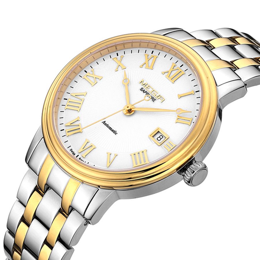 MEGIR 96001 automatic watch, close-up of white Roman-numeral dial and gold bezel, two-tone bracelet
