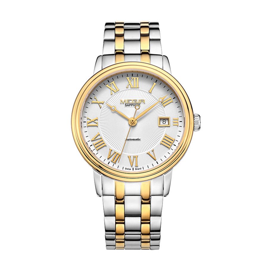 MEGIR 96001 automatic watch, white dial with gold Roman numerals and date window, two-tone bracelet, dial view