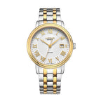 MEGIR 96001 automatic watch, white dial with gold Roman numerals and date window, two-tone bracelet, dial view