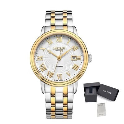 MEGIR 96001 automatic watch with white Roman-numeral dial and branded gift box, two-tone steel bracelet
