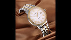 MEGIR 96001 two-tone automatic watch, white Roman-numeral dial and gold bezel, styled on satin