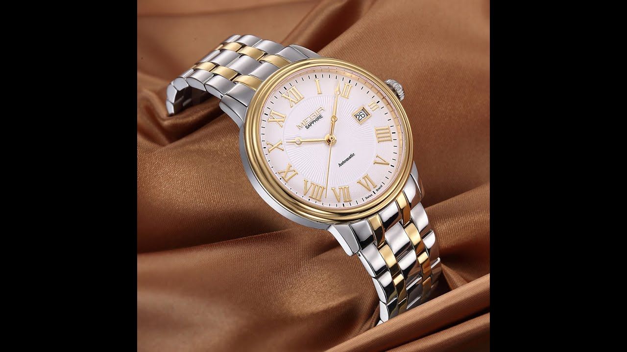 MEGIR 96001 two-tone automatic watch, white Roman-numeral dial and gold bezel, styled on satin