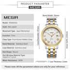 MEGIR 96001 automatic watch specification chart with case, band and dial measurements, two-tone model