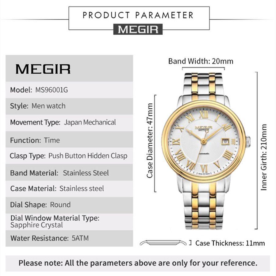 MEGIR 96001 automatic watch specification chart with case, band and dial measurements, two-tone model