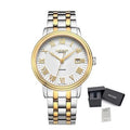 MEGIR 96001 men's automatic watch, white dial with gold Roman numerals, two-tone bracelet, shown with gift box