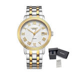 MEGIR 96001 men's automatic watch, white dial with gold Roman numerals, two-tone bracelet, shown with gift box