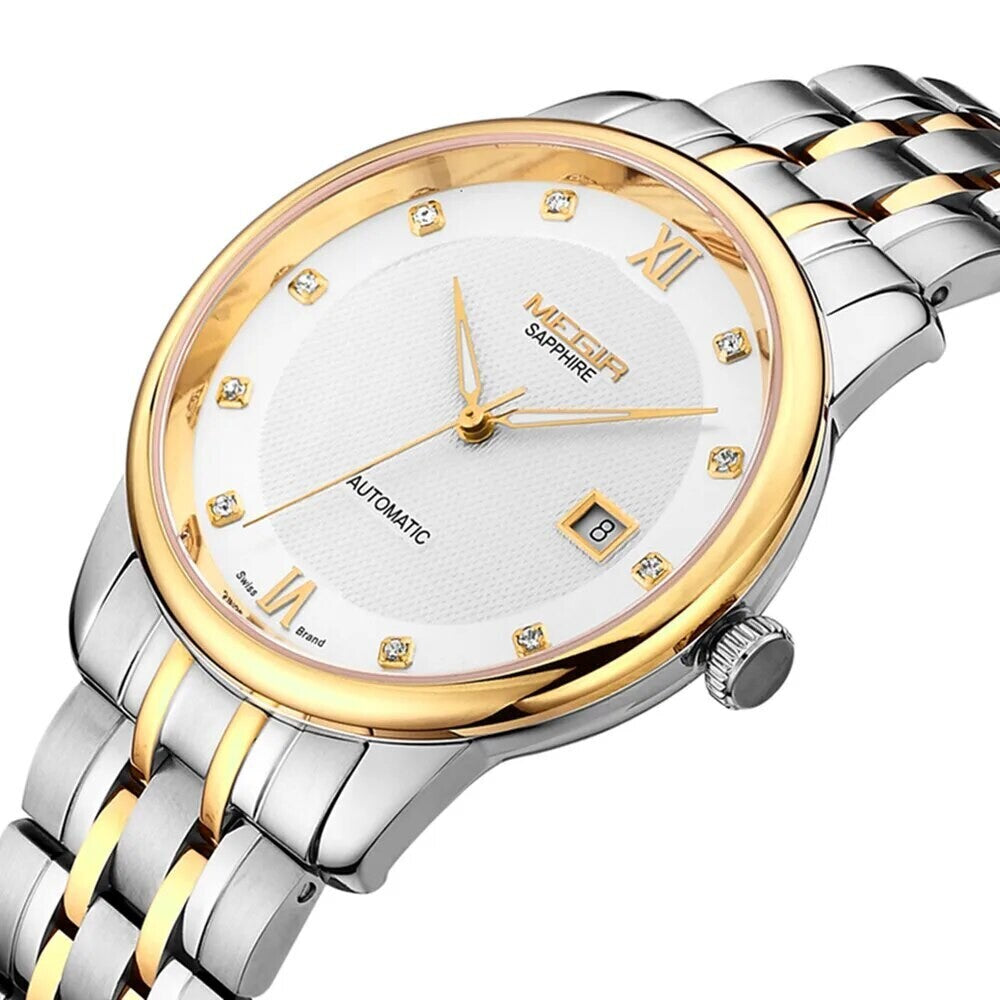MEGIR 96002 automatic watch, white guilloche dial, gold bezel and crystal markers, angled on white