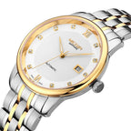 MEGIR 96002 automatic watch, white guilloche dial, gold bezel and crystal markers, angled on white