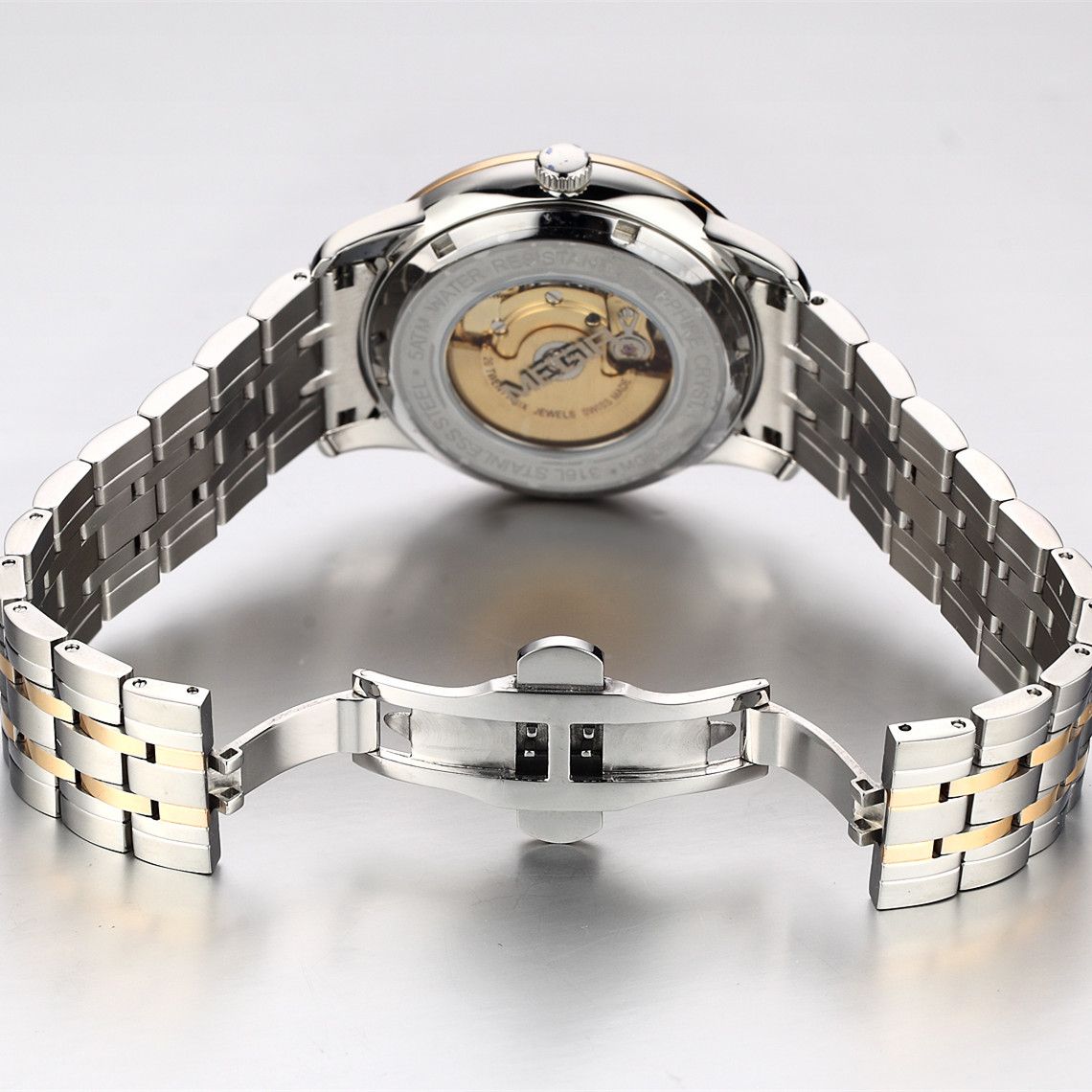 MEGIR 96002 automatic watch caseback with exhibition window revealing the self-winding movement