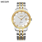 MEGIR 96002 automatic watch, white dial with gold Roman XII and date window, two-tone bracelet, straight dial view