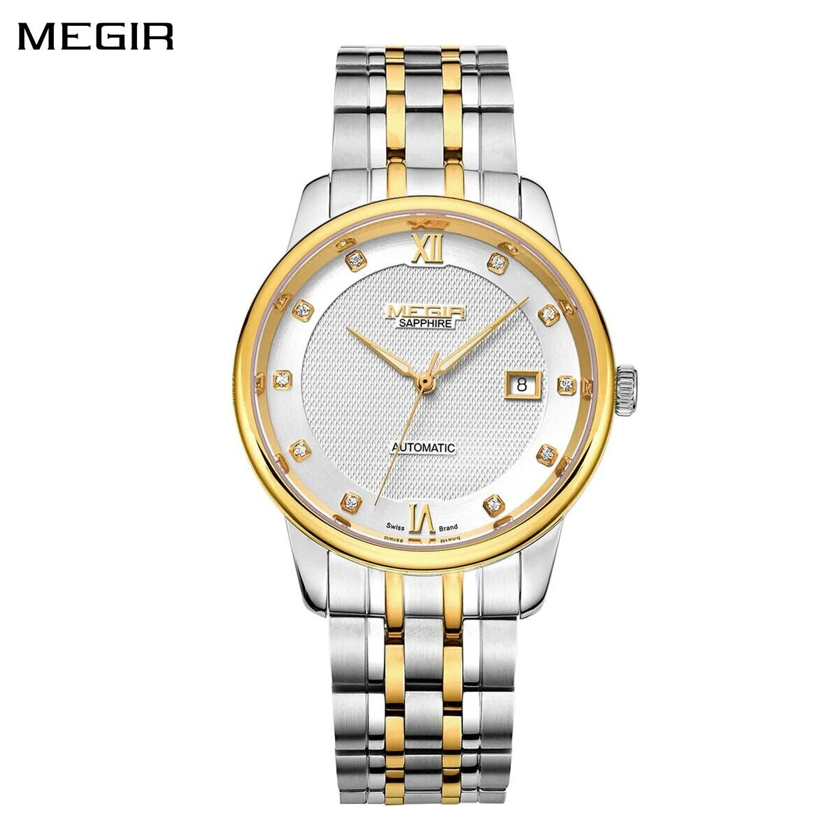 MEGIR 96002 automatic watch, white dial with gold Roman XII and date window, two-tone bracelet, straight dial view