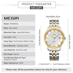 MEGIR 96002 automatic watch specification chart with case, band and dial measurements, two-tone model