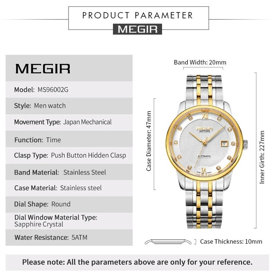 MEGIR 96002 automatic watch specification chart with case, band and dial measurements, two-tone model