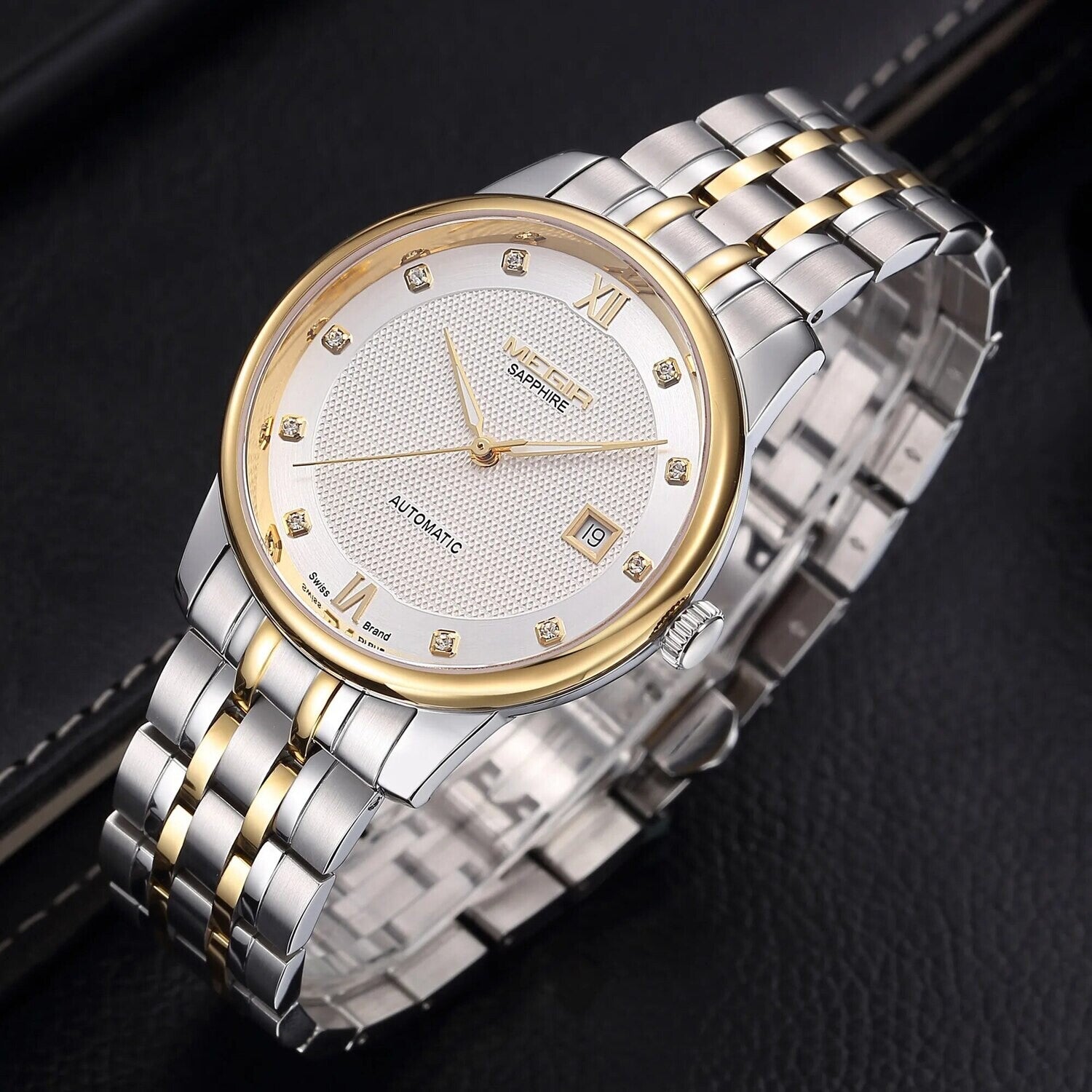 MEGIR 96002 men's automatic watch, white dial with crystal markers, gold bezel, two-tone steel bracelet, front view