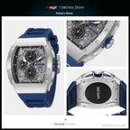 MEGIR chronograph watch detail display graphic showing front dial caseback views