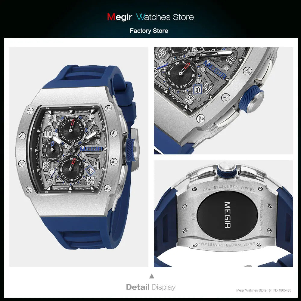 MEGIR chronograph watch detail display graphic showing front dial caseback views