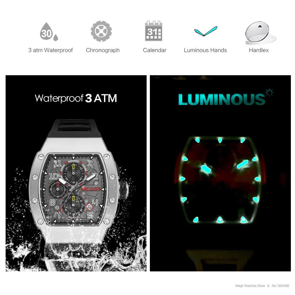 MEGIR chronograph features graphic with 3 ATM waterproof chronograph calendar and luminous hands
