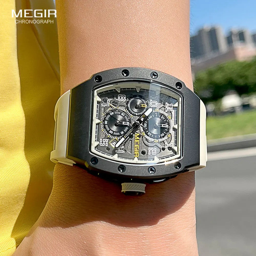 MEGIR quartz chronograph watch with skeleton dial and white silicone strap on wrist