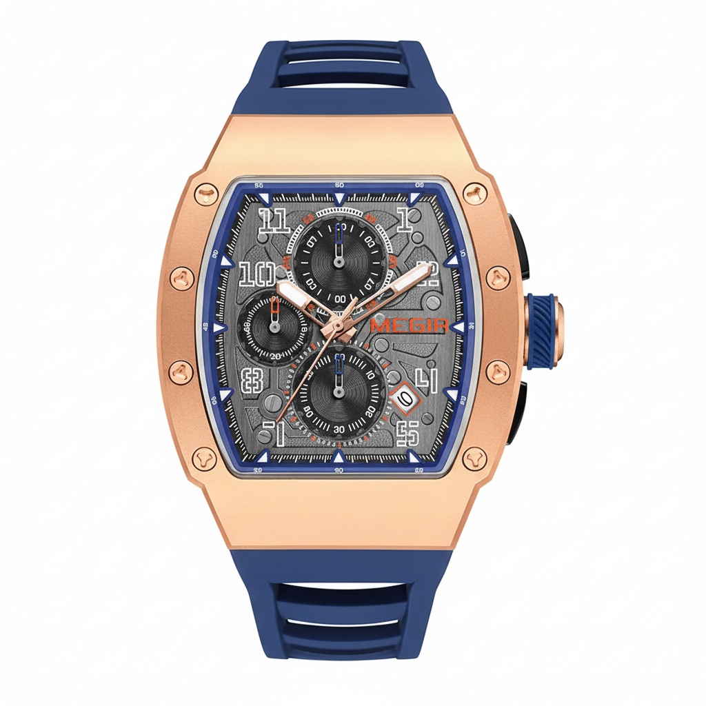 MEGIR chronograph quartz tonneau watch with rose gold case, grey dial and blue strap, front view
