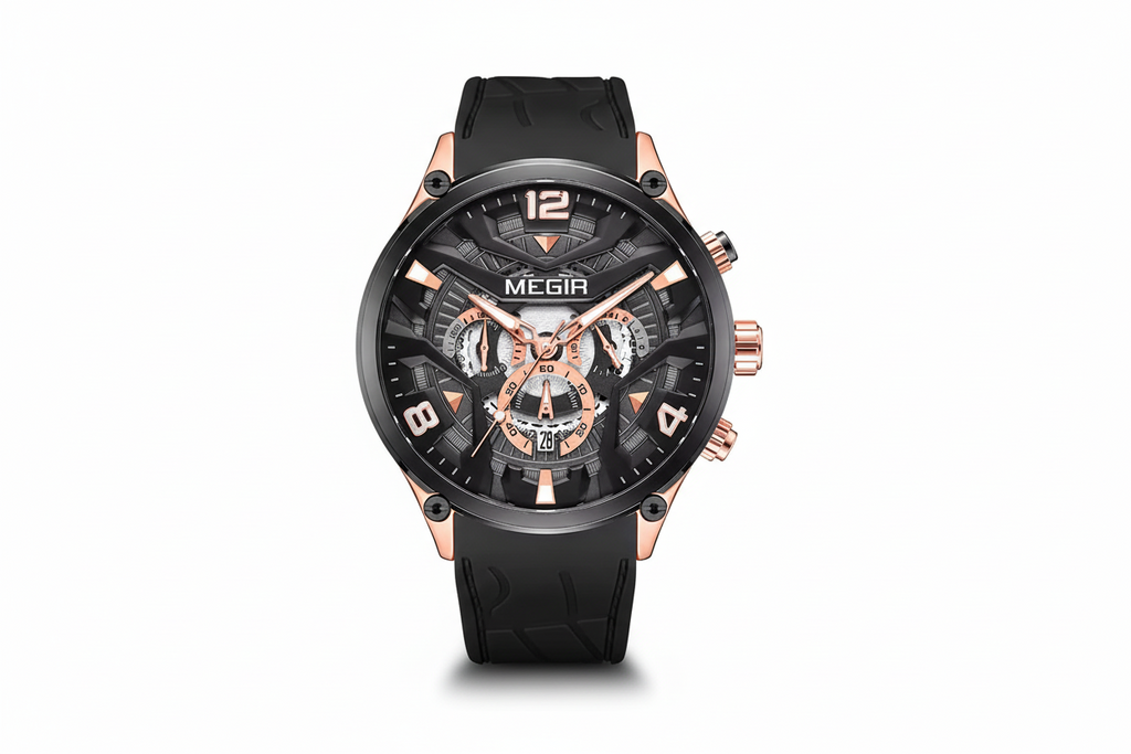 MEGIR chronograph quartz sport watch with black skeleton dial and black strap, rose gold case
