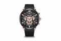 MEGIR chronograph quartz sport watch with black skeleton dial and black strap, rose gold case