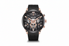 MEGIR chronograph quartz sport watch with black skeleton dial and black strap, rose gold case