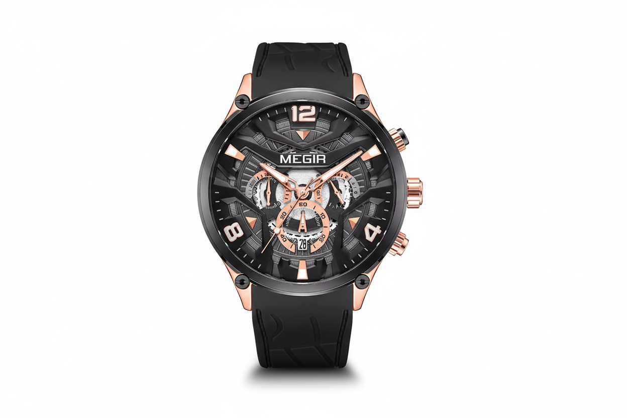 MEGIR chronograph quartz sport watch with black skeleton dial and black strap, rose gold case