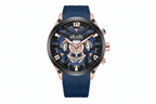 MEGIR chronograph quartz sport watch with blue skeleton dial and blue silicone strap, rose gold case