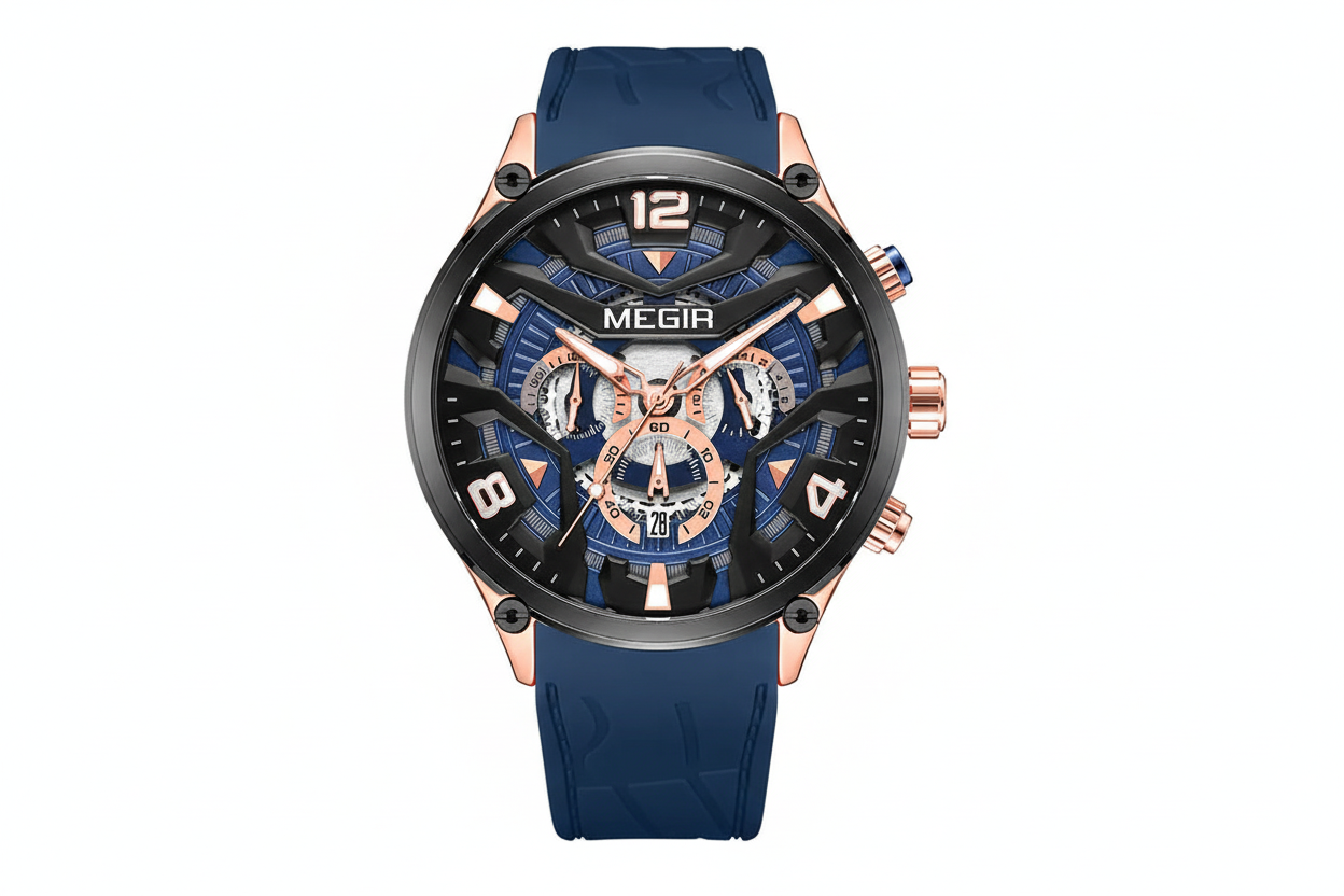 MEGIR chronograph quartz sport watch with blue skeleton dial and blue silicone strap, rose gold case