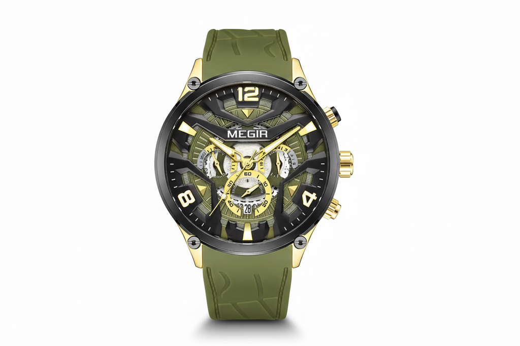 MEGIR chronograph quartz sport watch with green skeleton dial and green silicone strap, front view