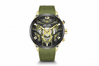 MEGIR chronograph quartz sport watch with green skeleton dial and green silicone strap, front view