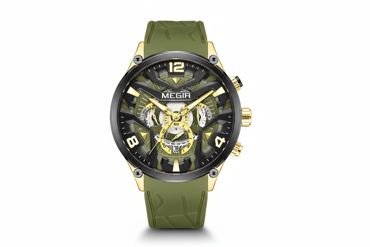 MEGIR chronograph quartz sport watch with green skeleton dial and green silicone strap, front view
