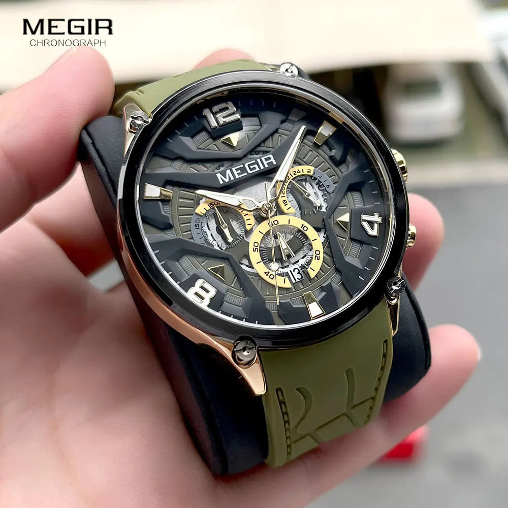 MEGIR chronograph quartz sport watch with green strap held in hand outdoors