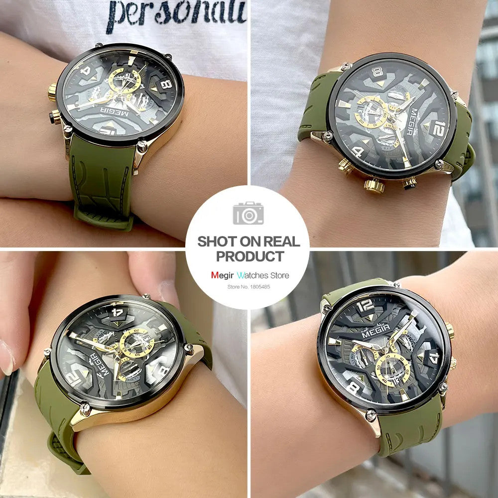 MEGIR chronograph quartz sport watch with green strap shown on wrist in multiple views