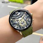 MEGIR chronograph quartz sport watch with green strap worn on wrist outdoors