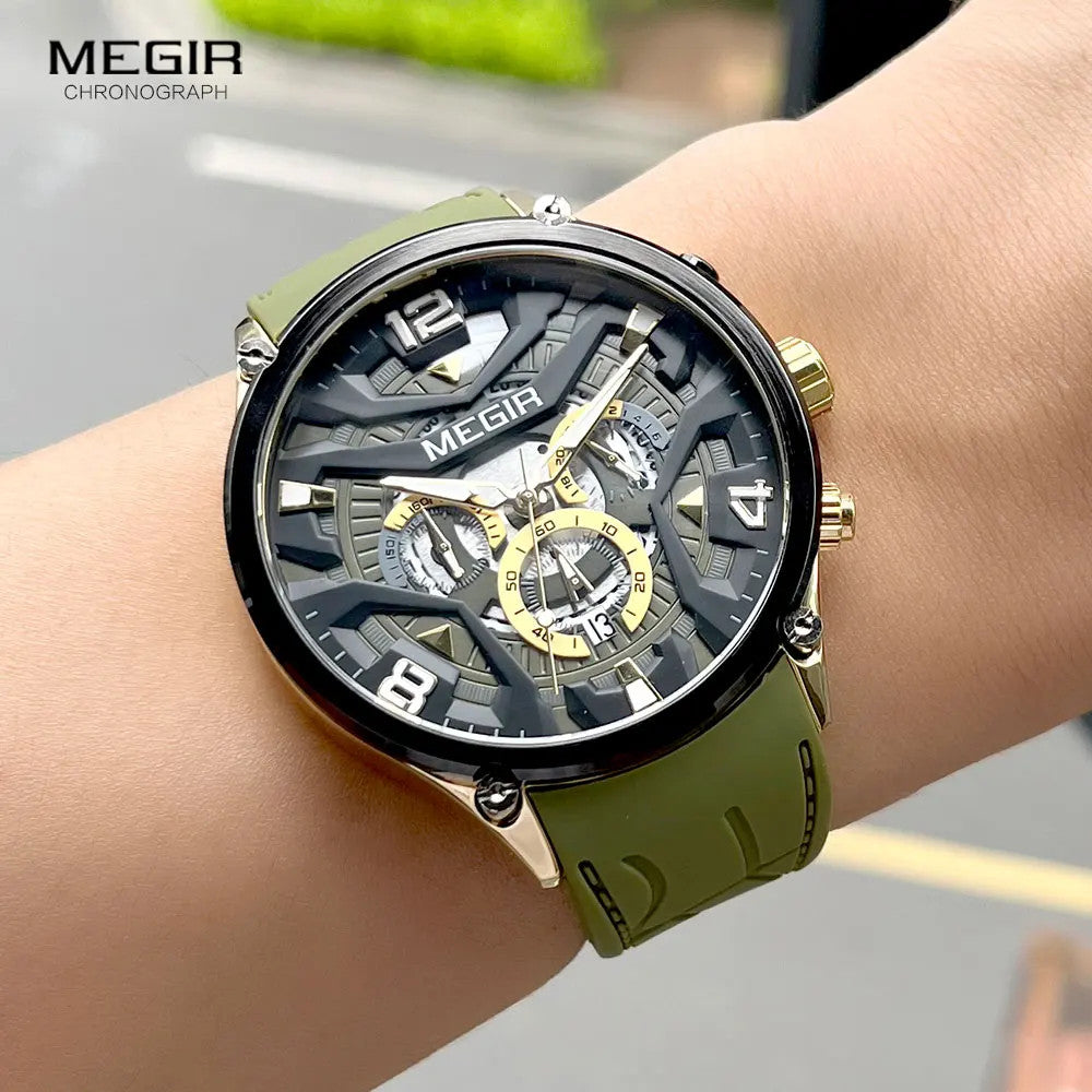 MEGIR chronograph quartz sport watch with green strap worn on wrist outdoors