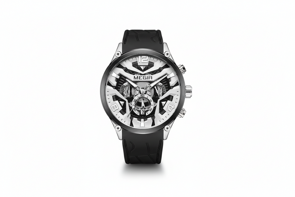 MEGIR chronograph quartz sport watch with white skeleton dial and black silicone strap, front view
