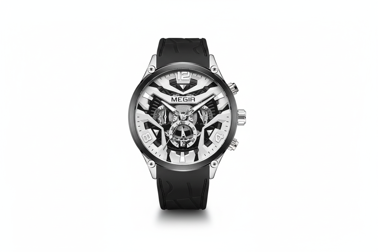 MEGIR chronograph quartz sport watch with white skeleton dial and black silicone strap, front view