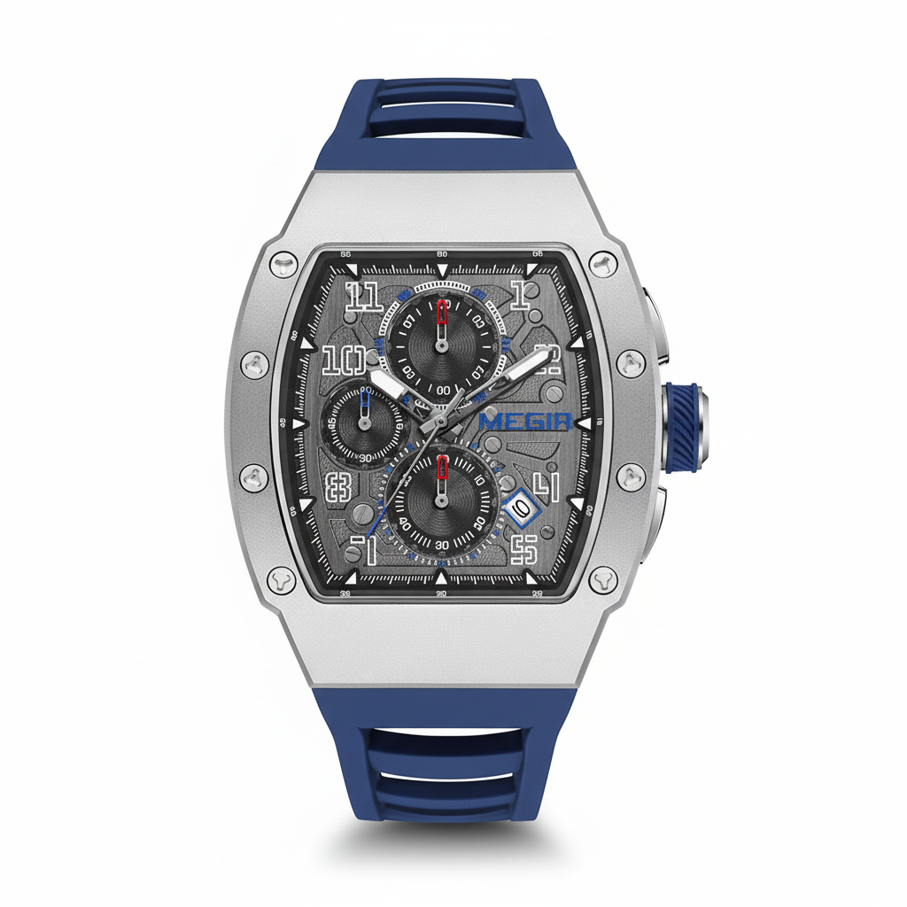 MEGIR chronograph watch with silver case skeleton dial and blue silicone strap front view